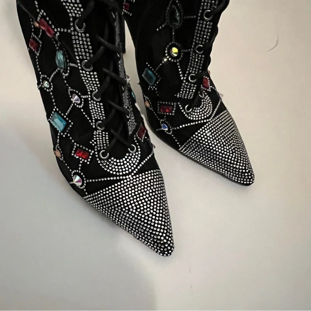 Brand New Azalea Wang GEM Black Mesh Jewel Bootie Heels, 10 - Picture 5 of 8